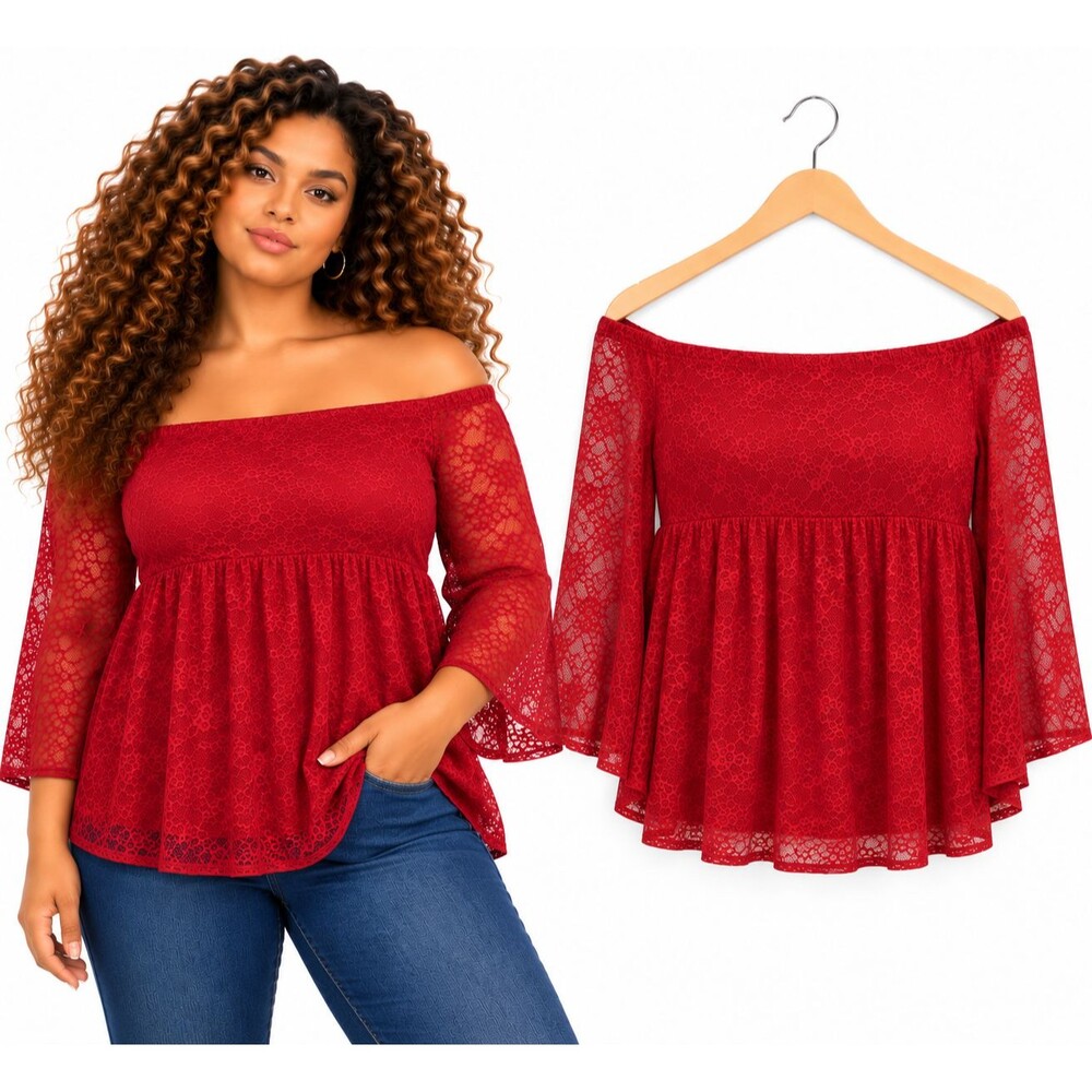 New Torrid Stretch Lace Off-Shoulder Bell Sleeve Top Size 3X Red Babydoll